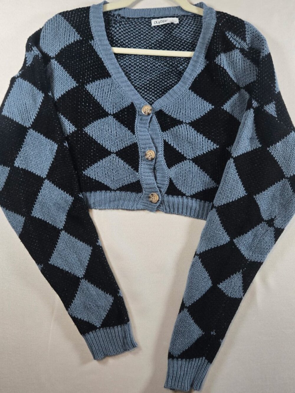 Aster Womens L Cropped Argyle Cardigan Sweater Blue Black Button Front Y2K